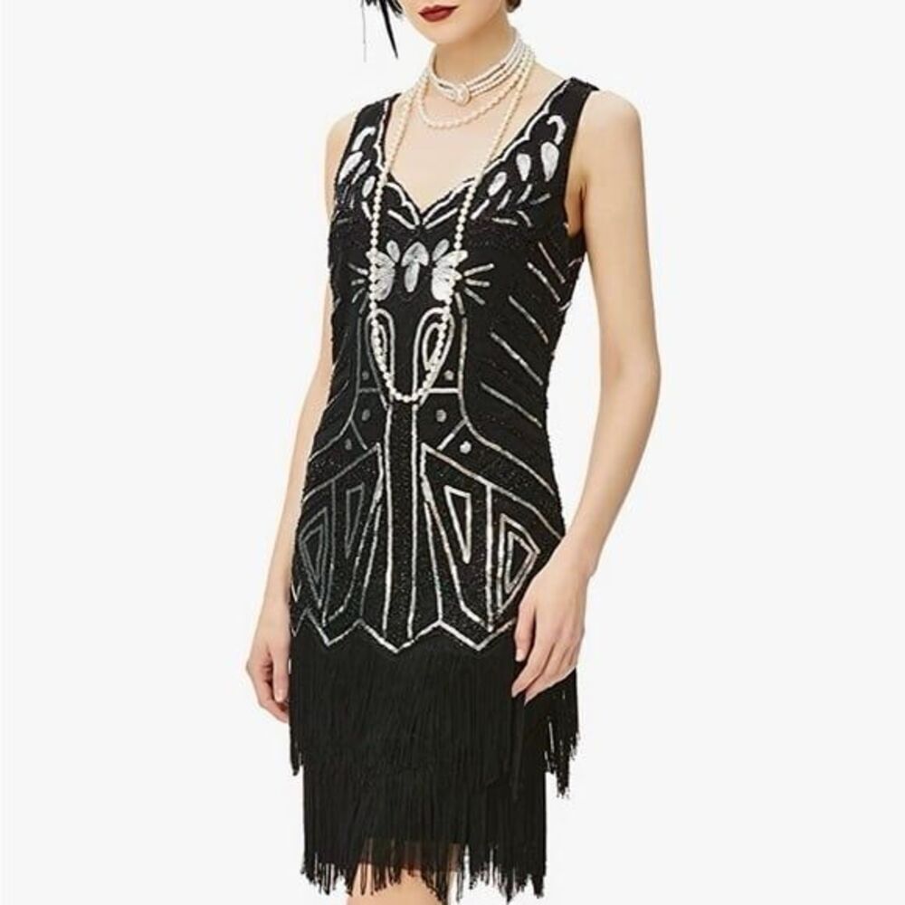 Babeyond Women’s Size Medium Black Beaded V-Neck Fringe Sleeveless Dress NWT